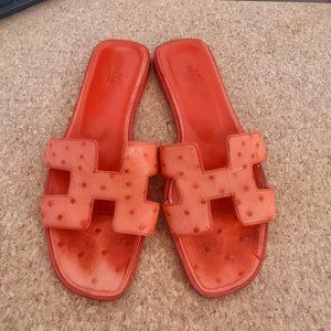 HERMES ORAN SANDAL In OSTRICH Very Limited Rouge Corail